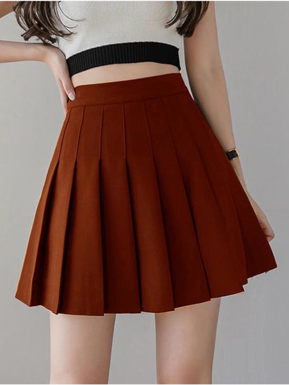 Pleated A-Line Tennis Mini Skirt - Rust with lined shorts.